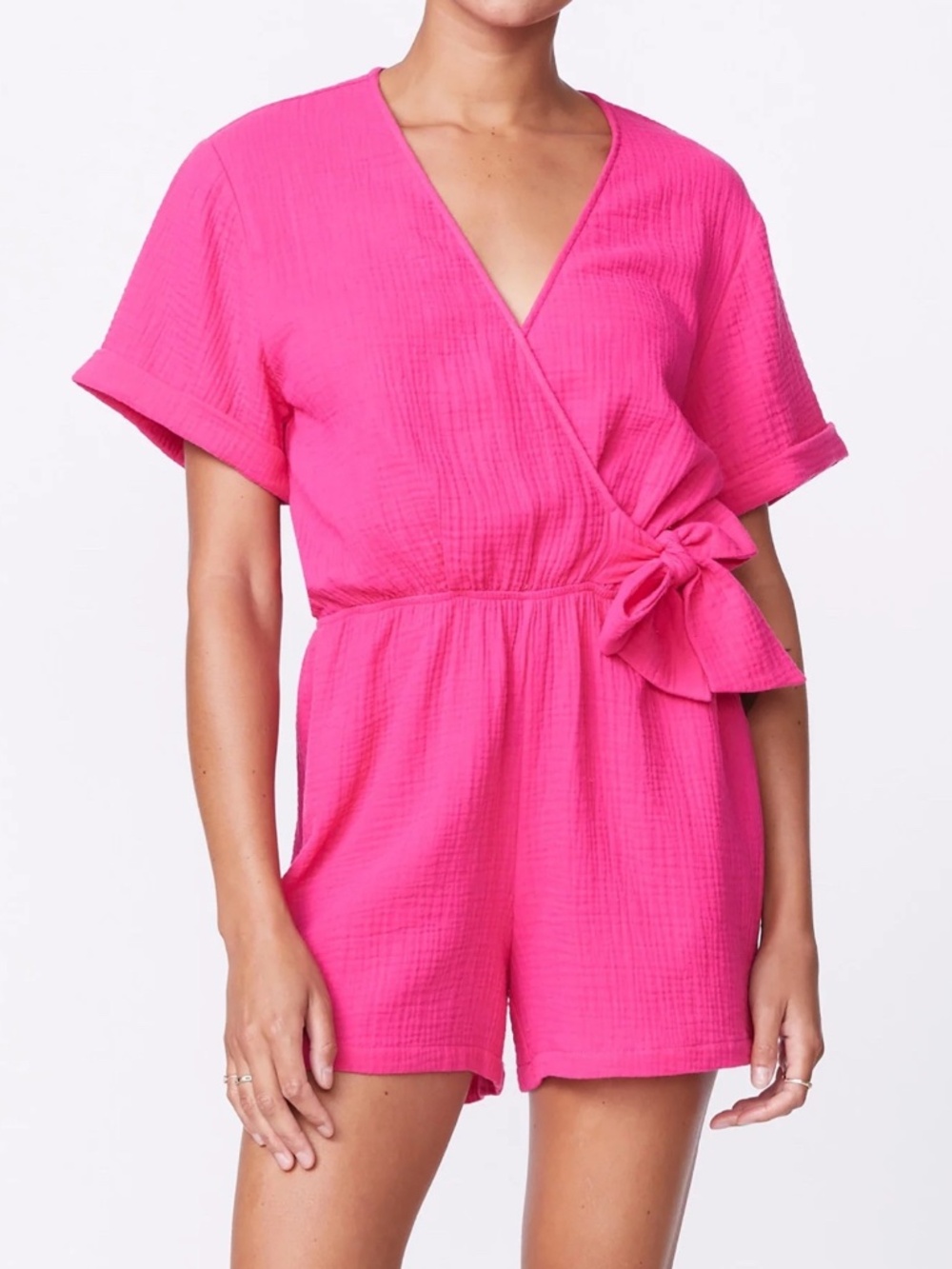 Monrow Hot Pink Gauze Faux Wrap Short Romper Sz L